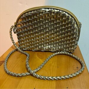 Vtg Real leather Stylish Gold Woven Crossbody Bag